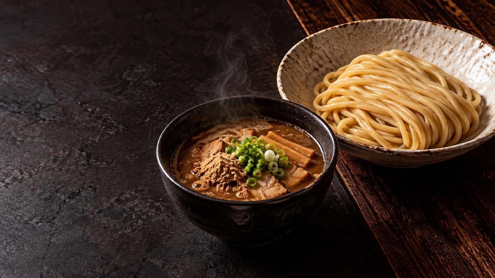 麺とつけ汁を別々の器に盛った、一般的なつけ麺の生成イメージ